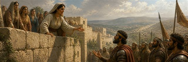 A wise woman speaking from Abel’s wall to Joab and his army below
